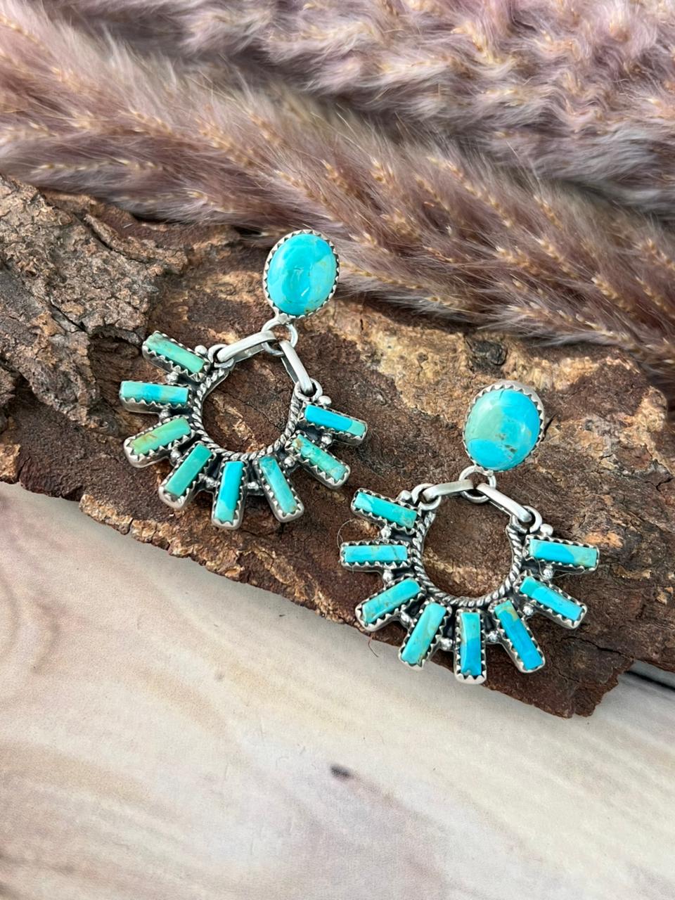 Handmade Sterling Silver Kingman Turquoise Post Dangle Earrings Signed Nizhoni