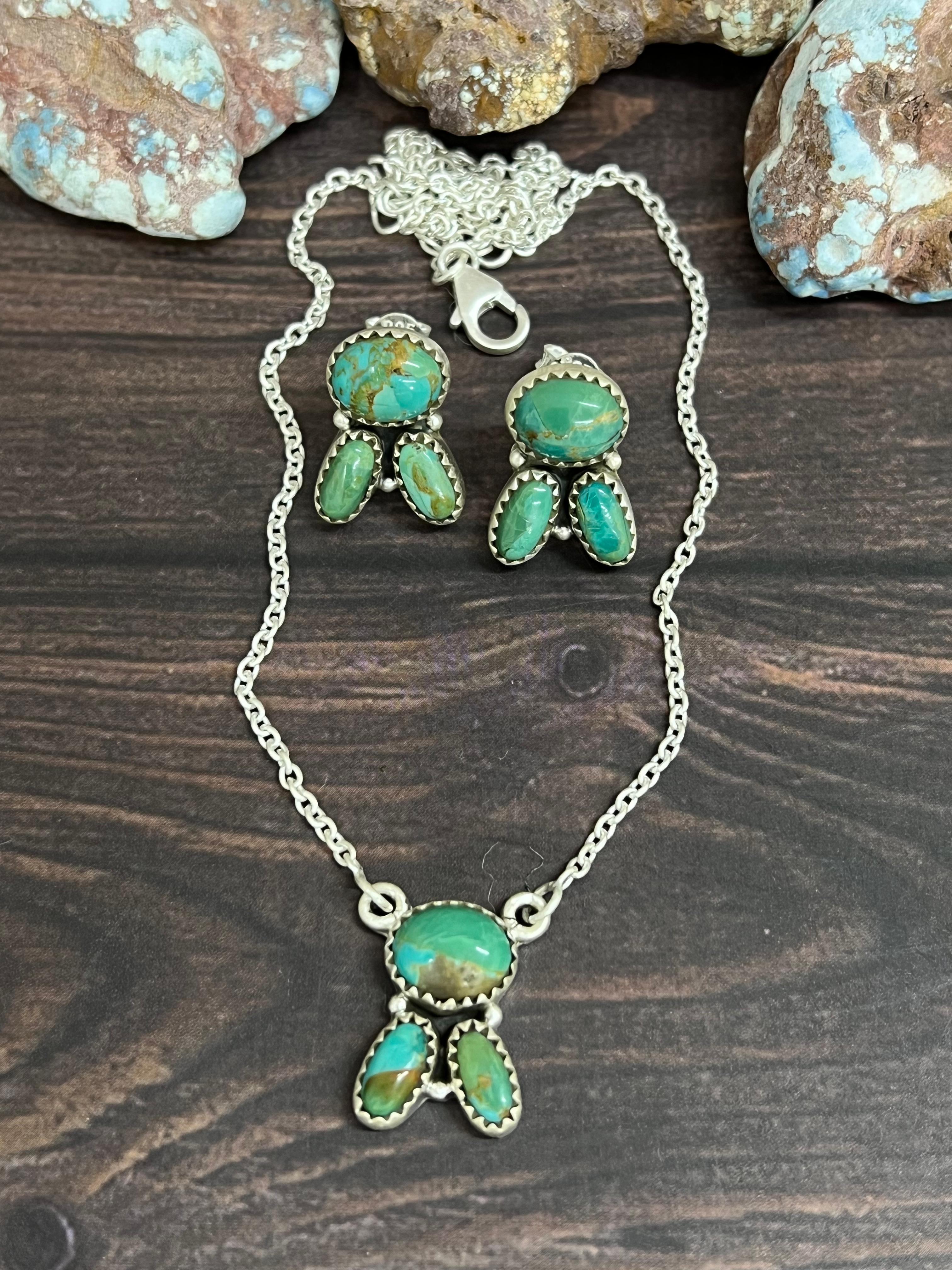 Handmade Sterling Silver Kingman Turquoise Necklace Earrings Set with Signed Nizhoni