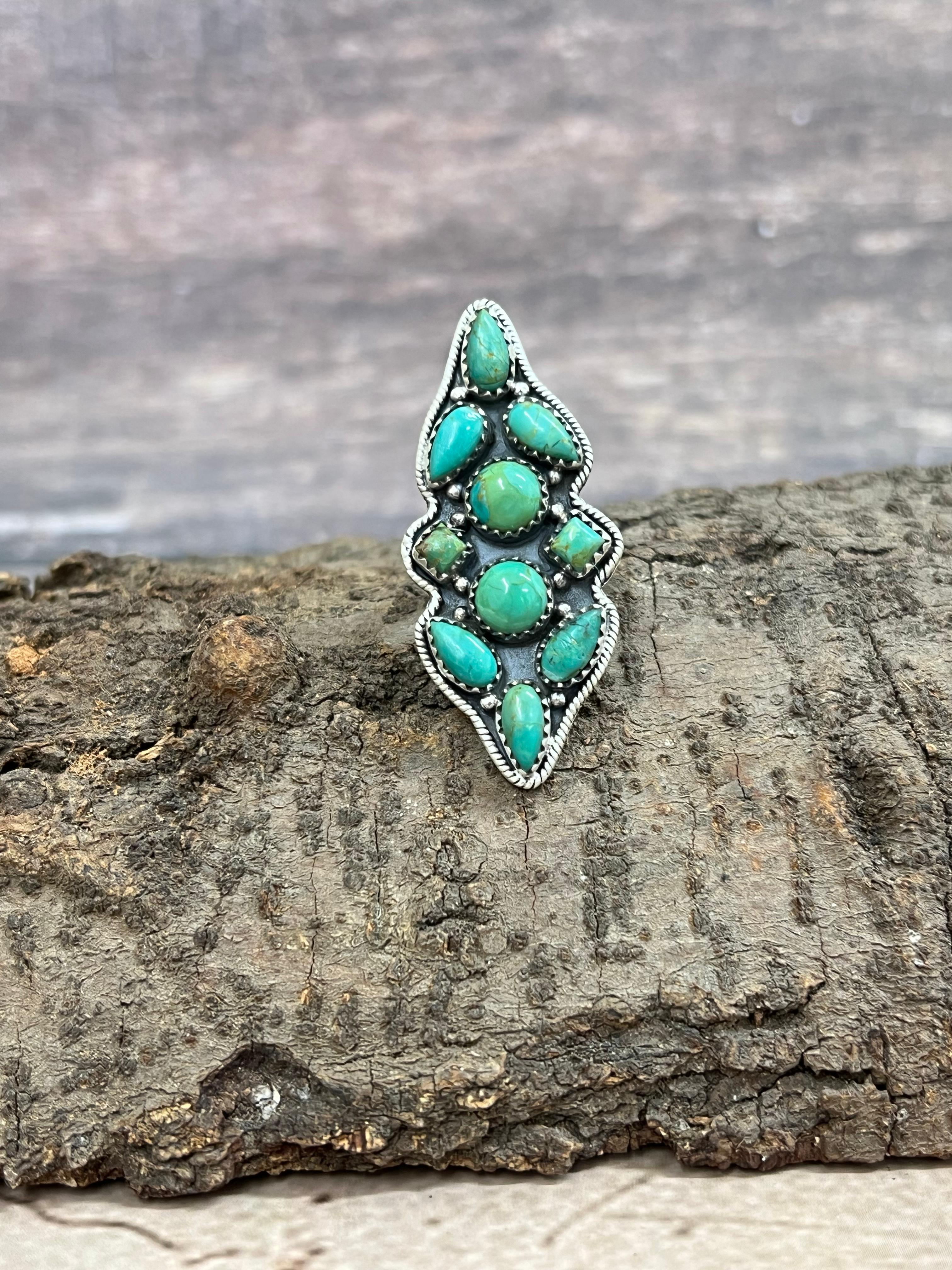 Handmade Sterling Silver Kingman Turquoise Adjustable Ring with Signed Nizhoni