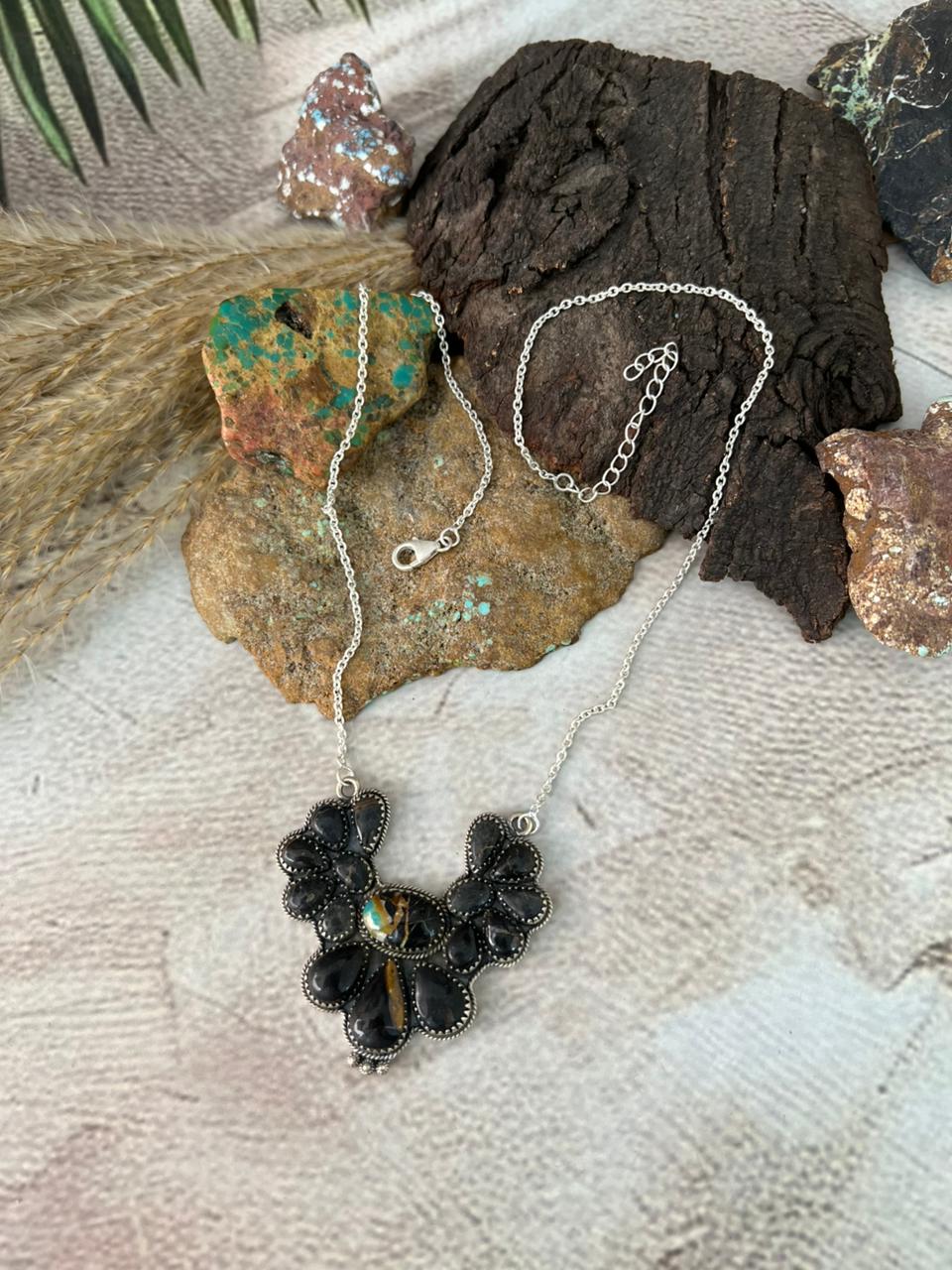 Handmade Sterling Silver Blackjack Turquoise Necklace "Signed Nizhoni"