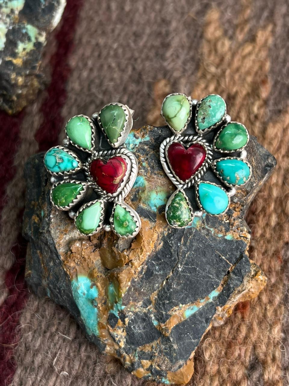 Handmade Sterling Silver Dahlia Rose with Emerald Valley Turquoise Post Earrings "Signed Nizhoni"