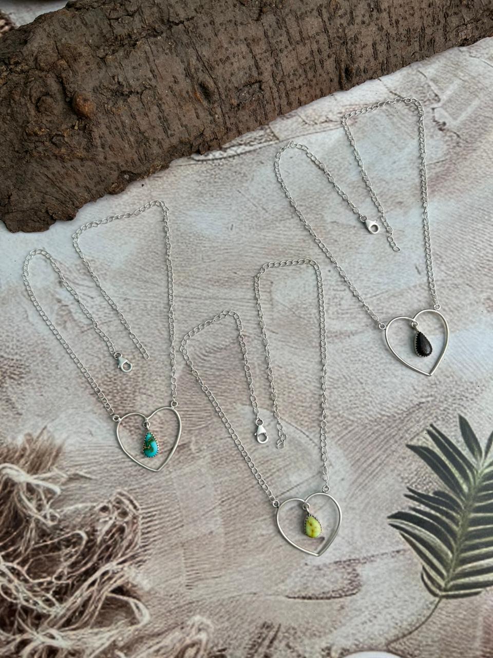 Handmade Sterling Silver Multi Stone Heart Shape Necklace "Signed Nizhoni"