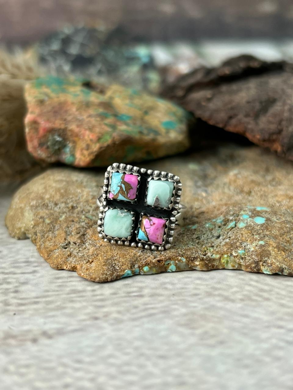 Handmade Sterling Silver Cotton Candy with Paloma Turquoise Adjustable Ring "Signed Nizhoni"