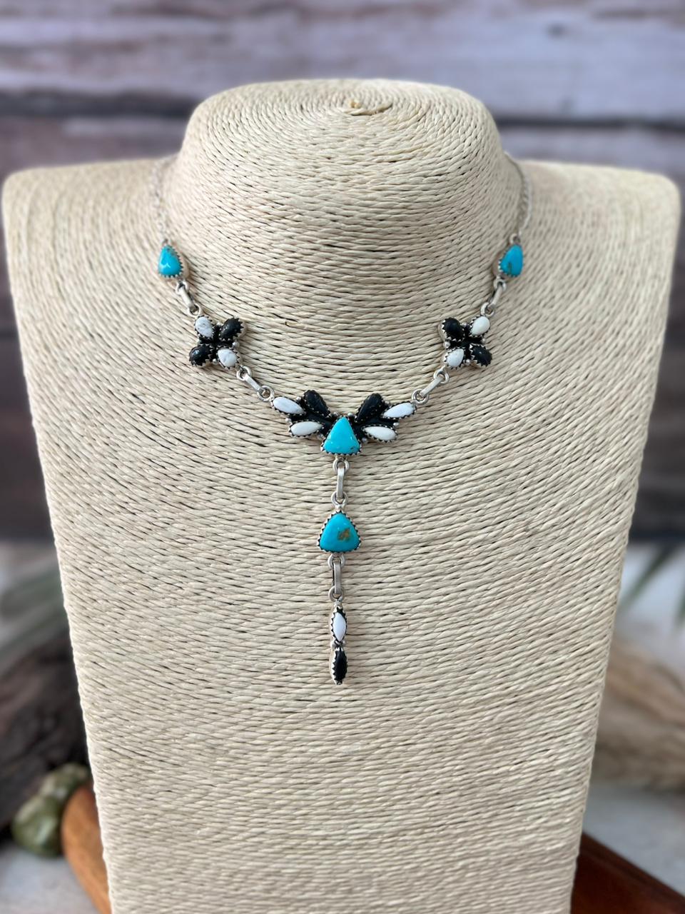 Handmade Sterling Silver Santa Maria Turquoise with White Buffalo Drop Necklace "Signed Nizhoni"