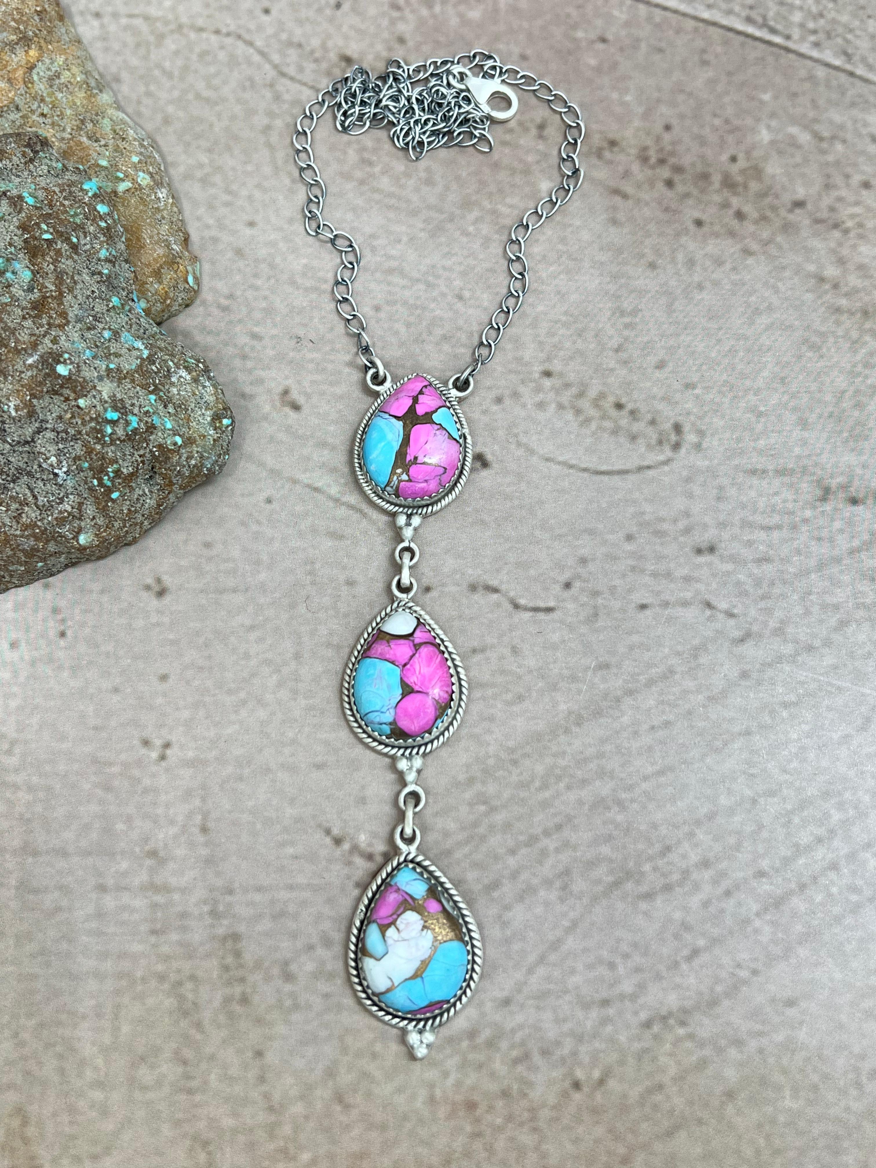 Handmade Sterling Silver Cotton Candy Turquoise Necklace with Signed Nizhoni