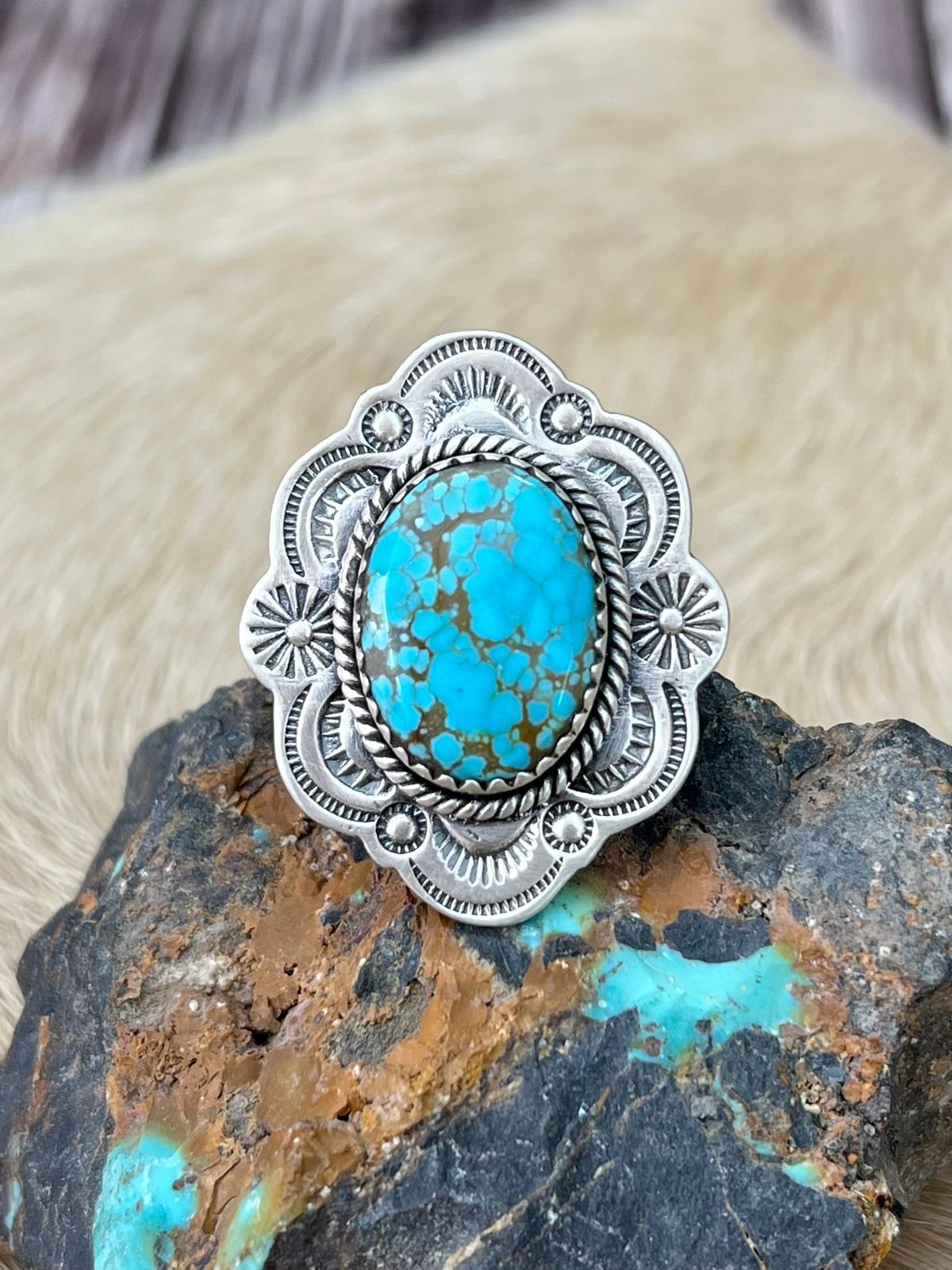 Handmade Sterling Silver Number 8 Turquoise Adjustable Ring "Signed Nizhoni"