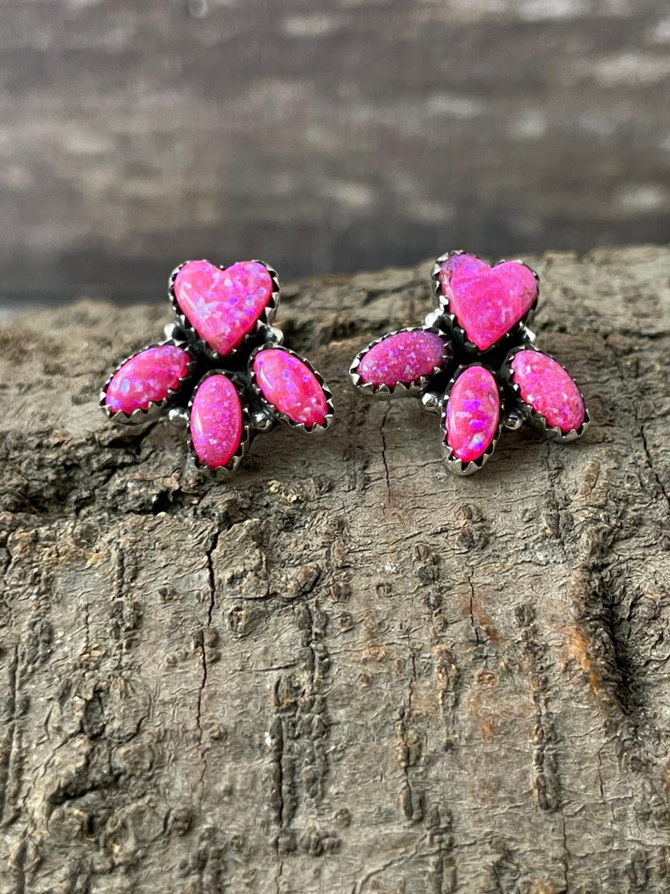 "Heart Collection" Handmade Sterling Silver Hot Pink Post Studs Earrings "Signed Nizhoni"