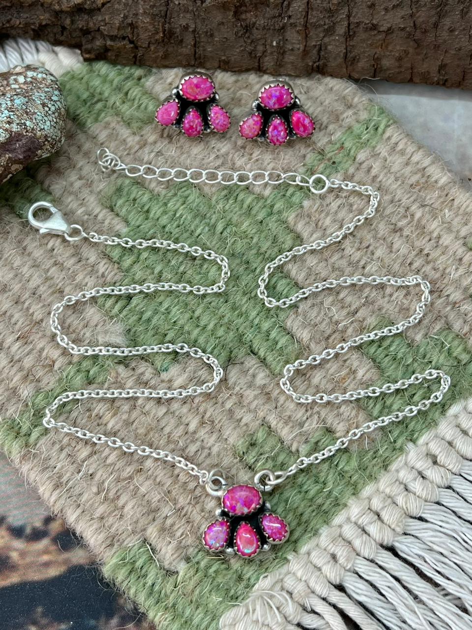 Handmade Sterling Silver Hot Pink Heart Necklace Earrings Set "Signed Nizhoni"