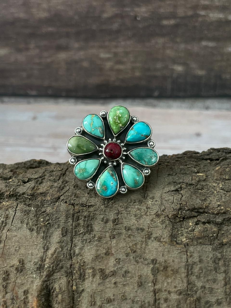 Handmade Sterling Silver Dahlia Rose With Emerald Valley Turquoise Ring "Signed Nizhoni"