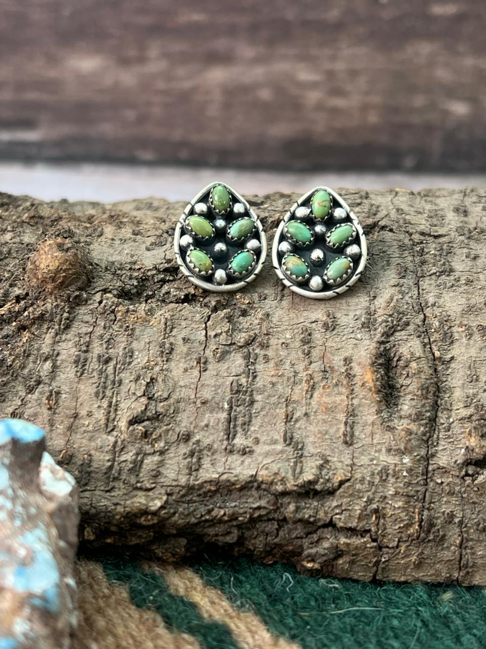 Handmade Sterling Silver Kingman Turquoise Post Studs Earrings "Signed Nizhoni"
