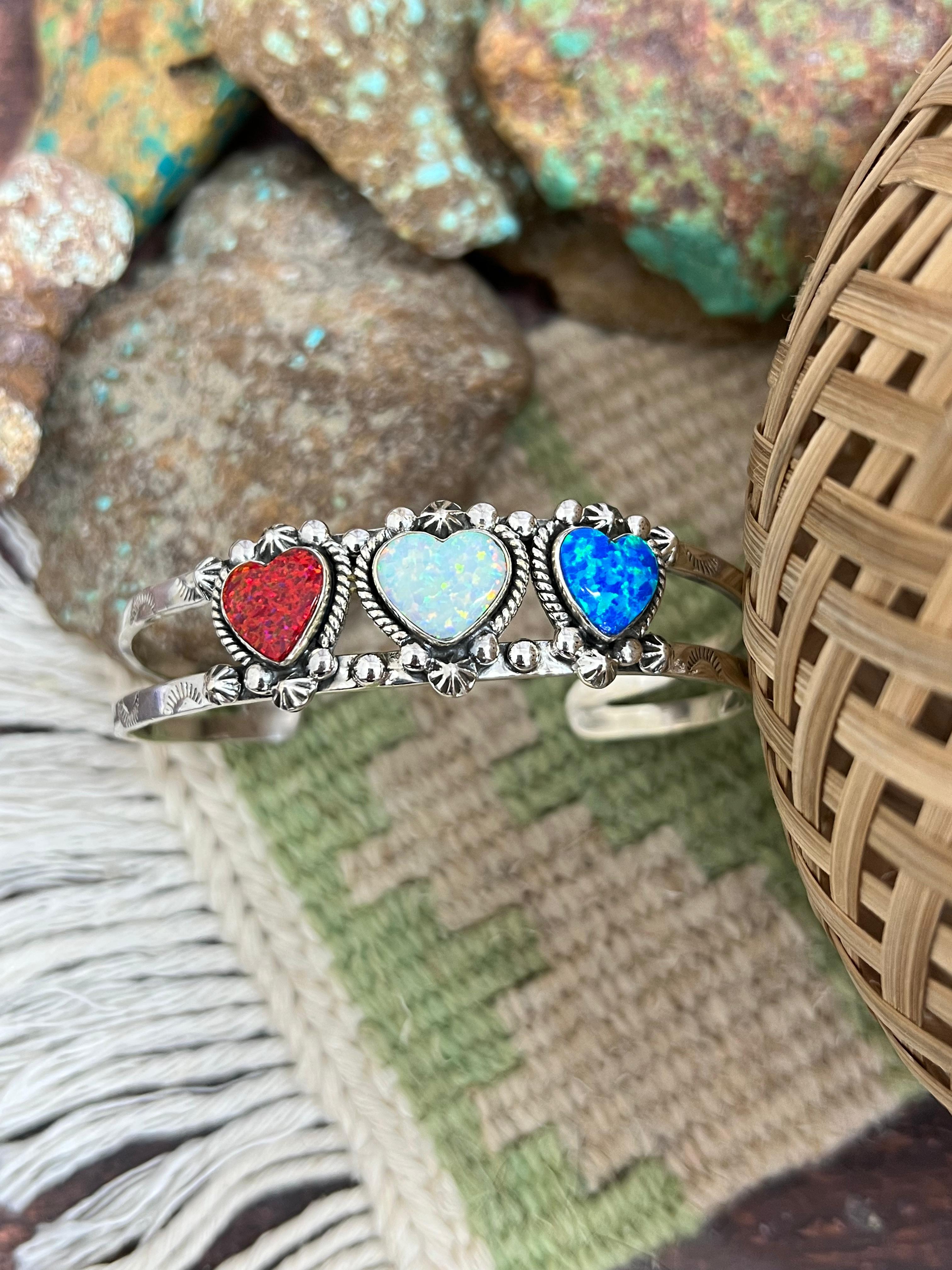 ** 4TH OF JULY ** Handmade Sterling Silver Synthetic Opal Cuff Bracelet with Signed Nizhoni