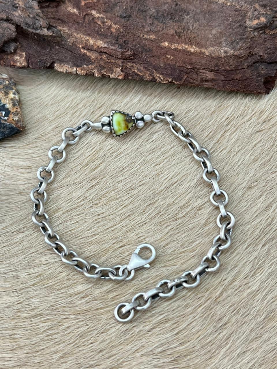 Handmade Sterling Silver Palomino Turquoise Chain Bracelet "Signed Nizhoni"