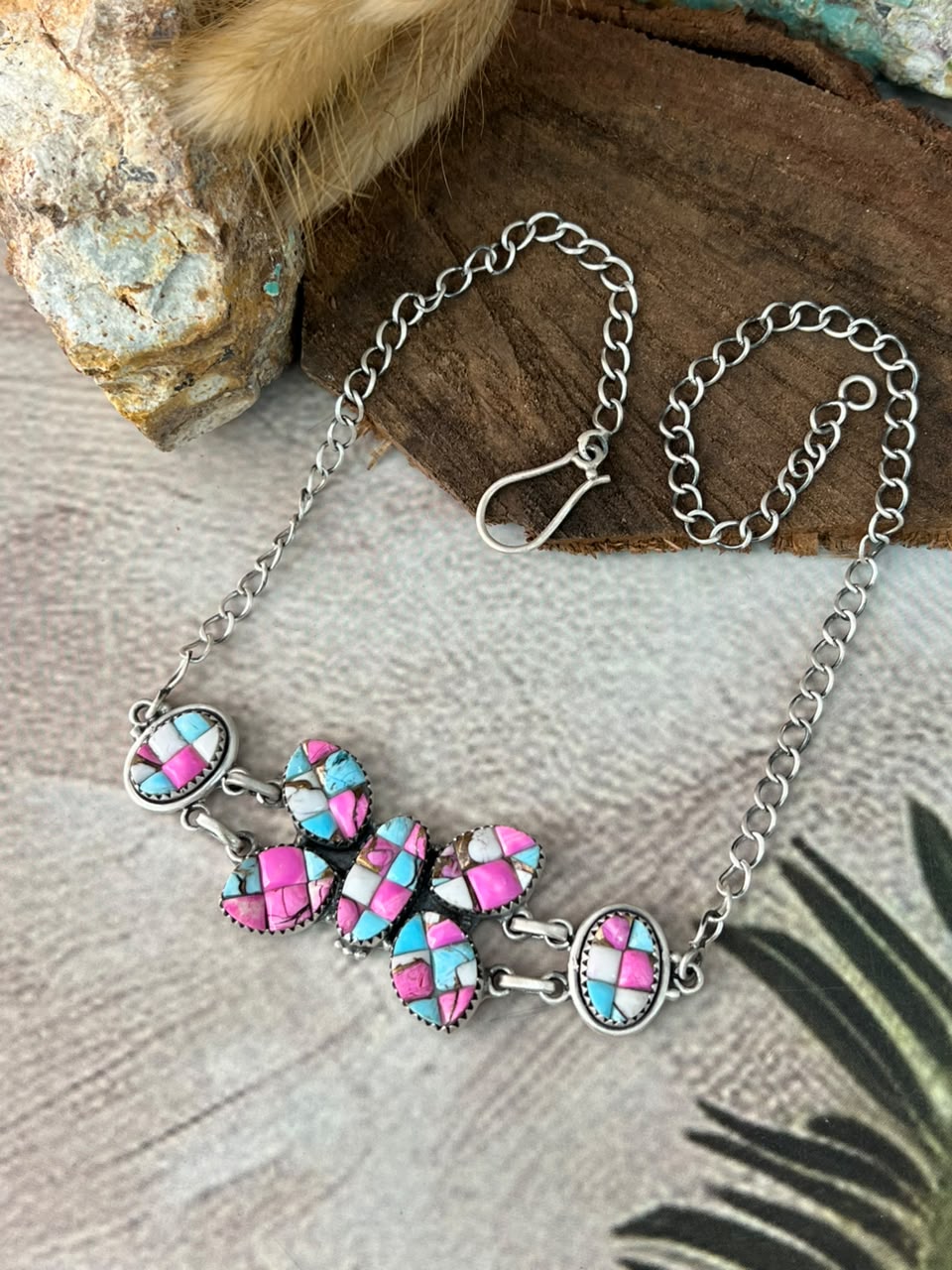 Handmade Sterling Silver Cotton Candy Cobble Stone Butterfly Necklace Signed Nizhoni