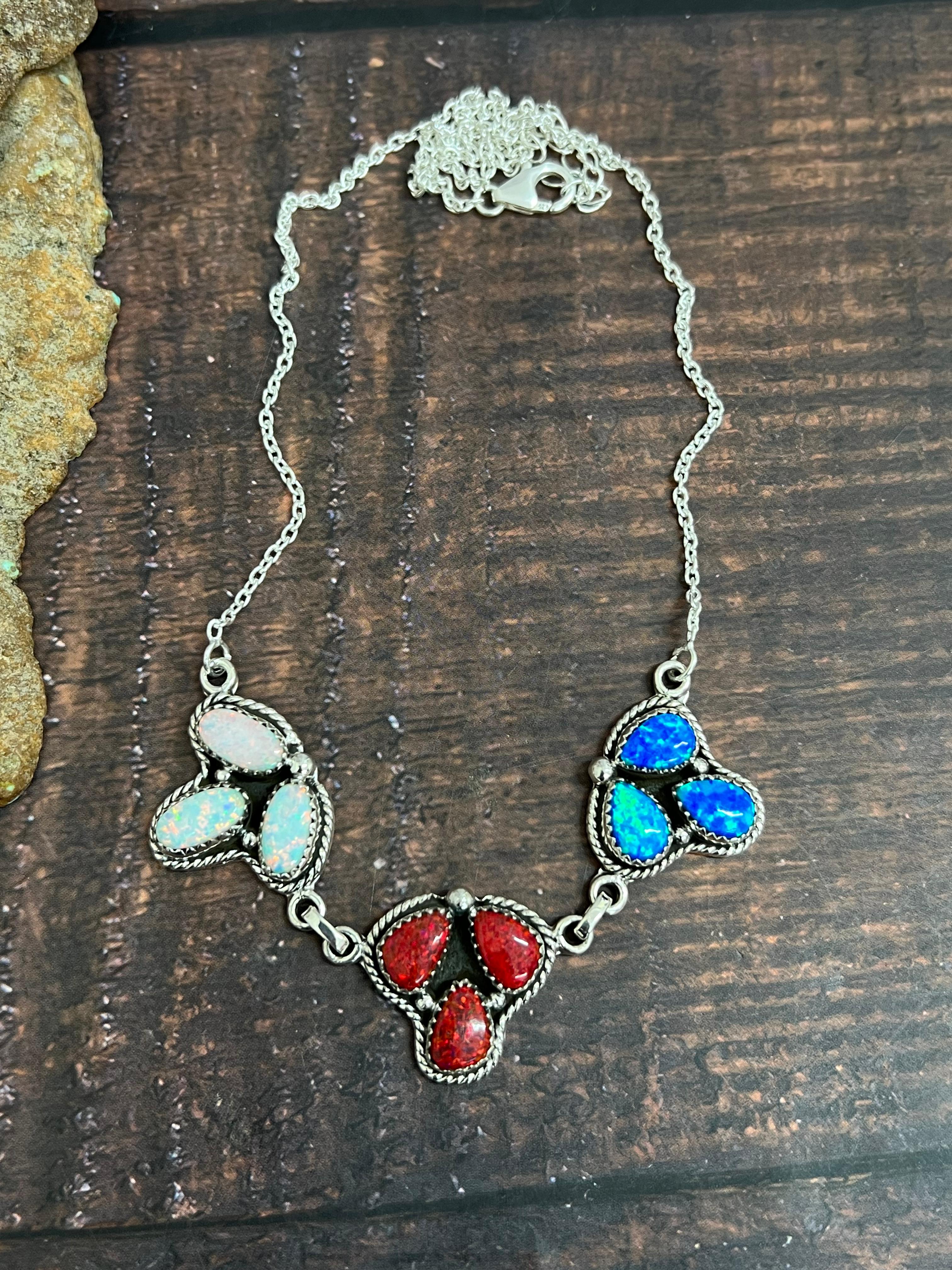 ** 4TH OF JULY ** Handmade Sterling Silver Synthetic Opal Necklace with Signed Nizhoni