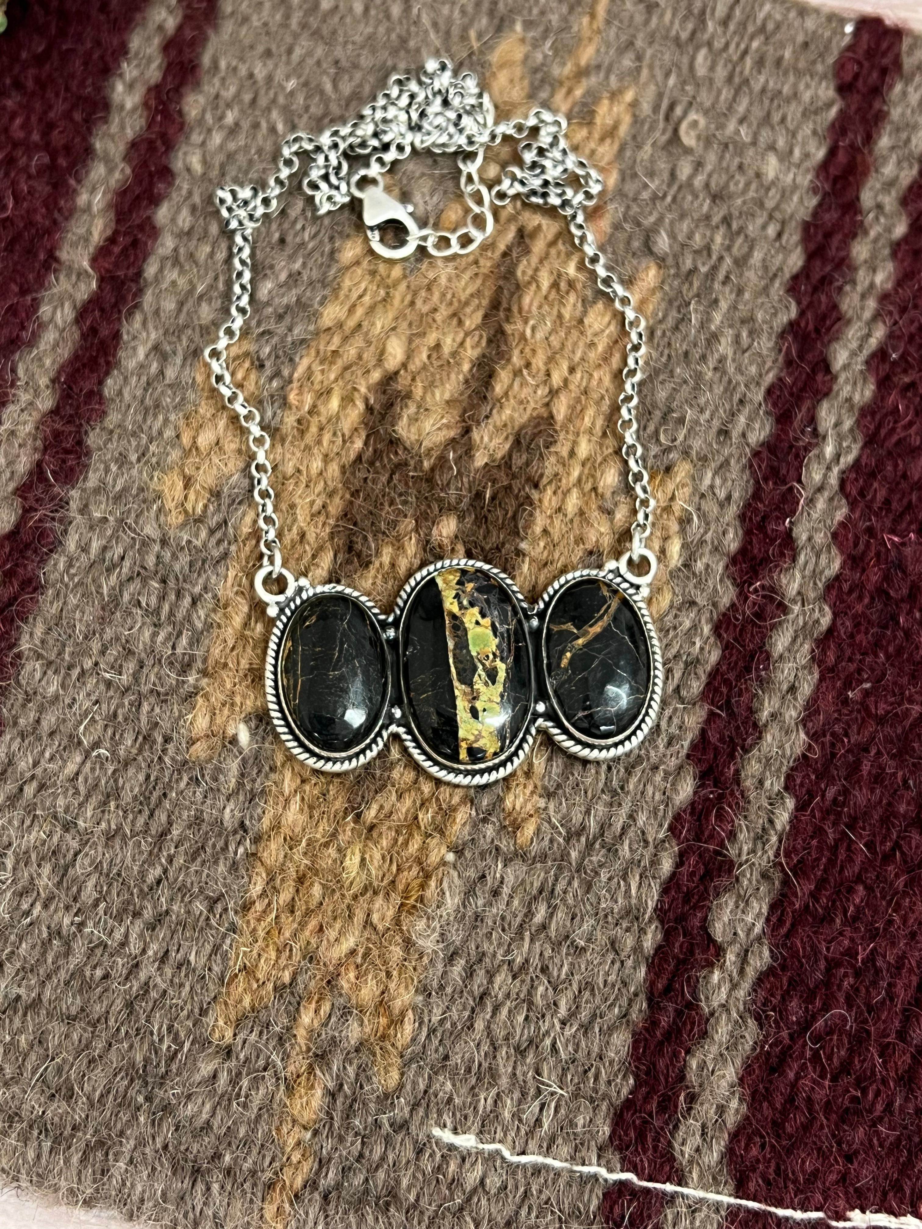 Handmade Sterling Silver Black Jack Necklace with Signed Nizhoni