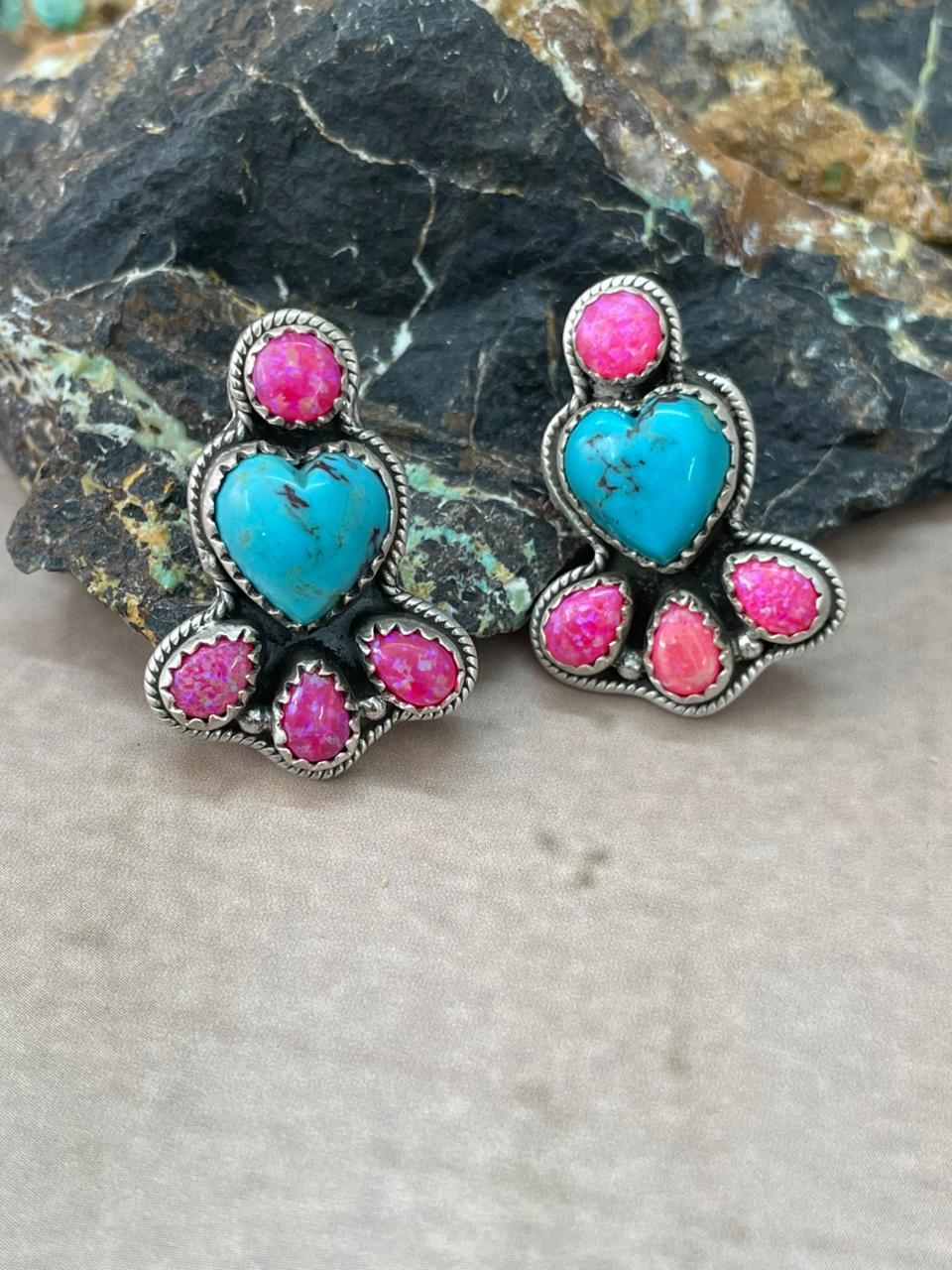 Handmade Sterling Silver Arizona Blue Turquoise with Hot Pink Post Studs Earrings "Signed Nizhoni"