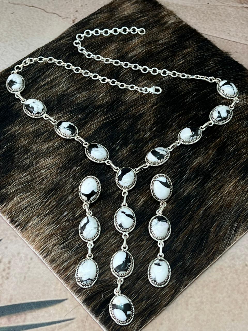 Handmade Sterling Silver White Buffalo Necklace Earrings Set "Signed Nizhoni"