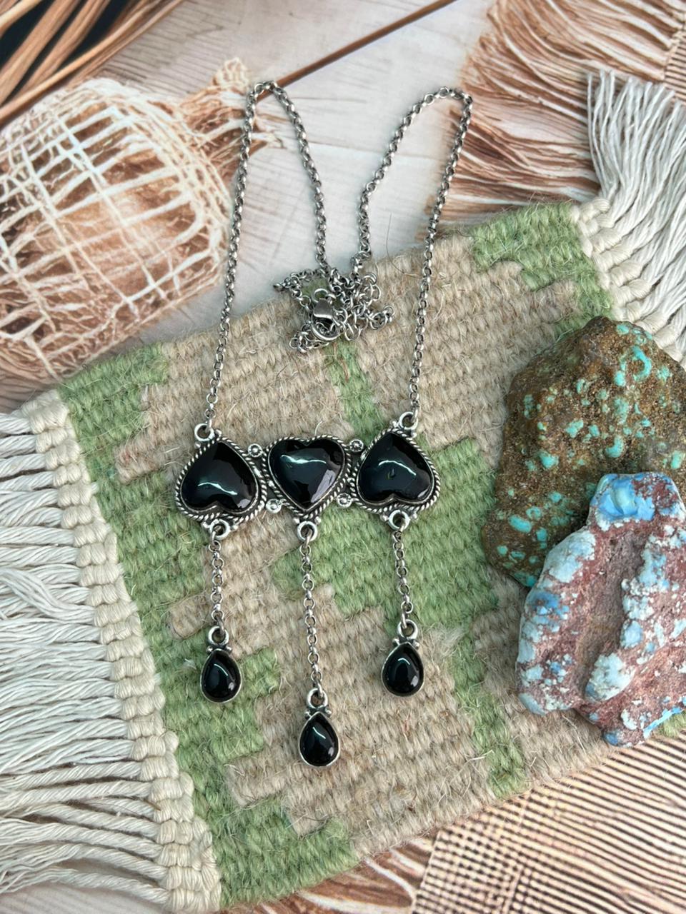 Handmade Sterling Silver Black Onyx Heart Shape Drop Necklace "Signed Nizhoni"