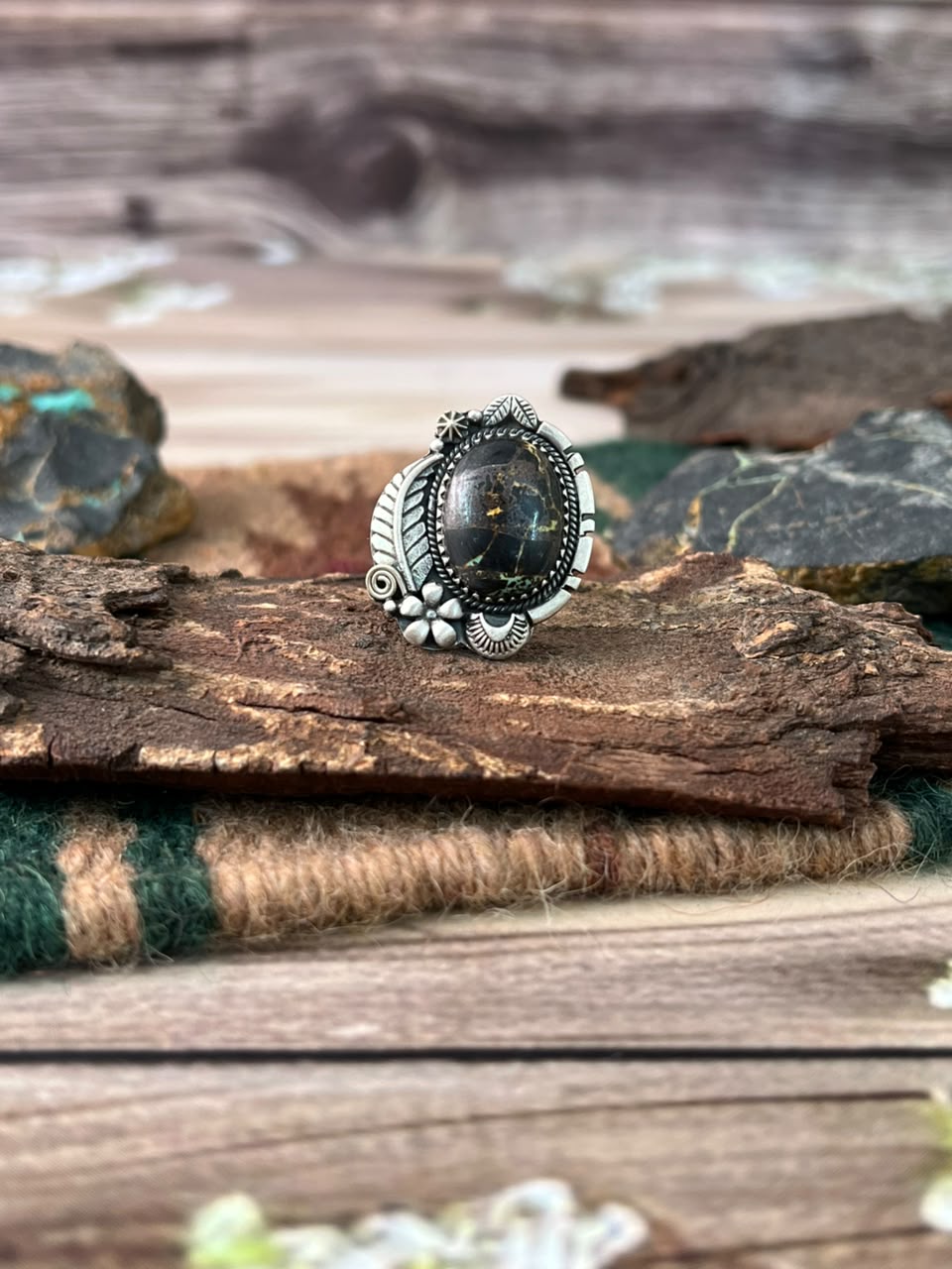 Handmade Sterling Silver Blackjack Turquoise Adjustable Ring Signed Nizhoni
