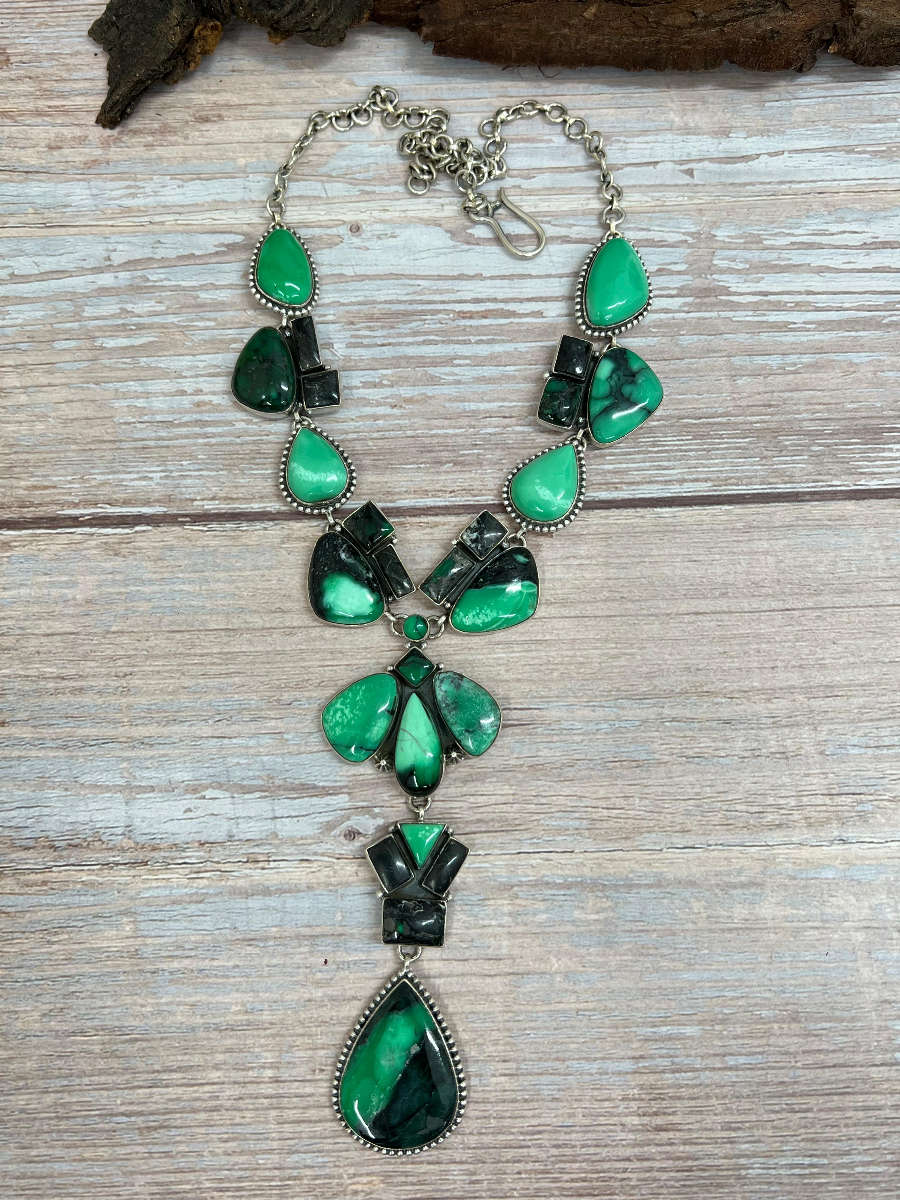 Handmade Sterling Silver Emerald Rose Necklace with Signed Nizhoni