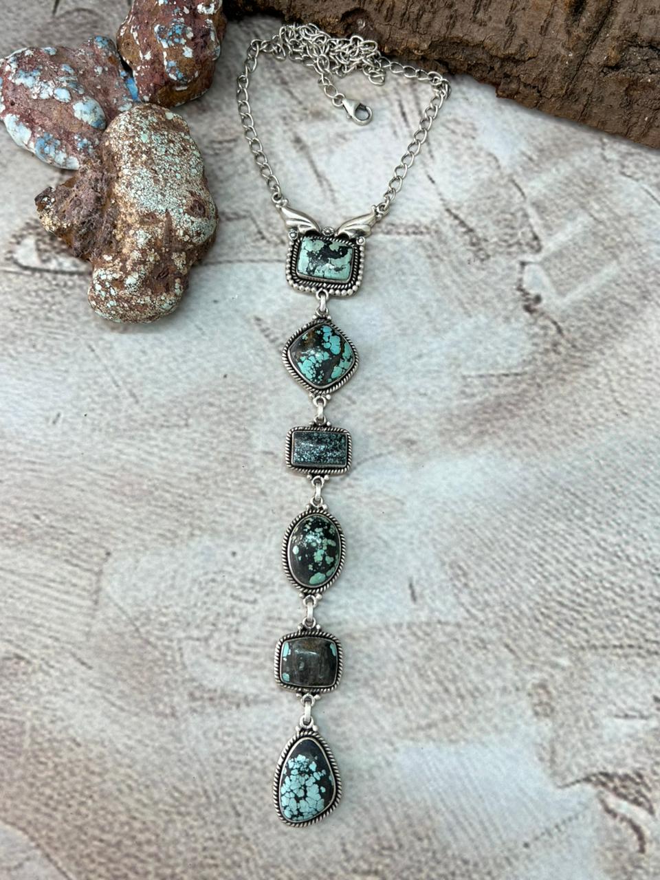 Handmade Sterling Silver Lander Turquoise Necklace with Signed Nizhoni