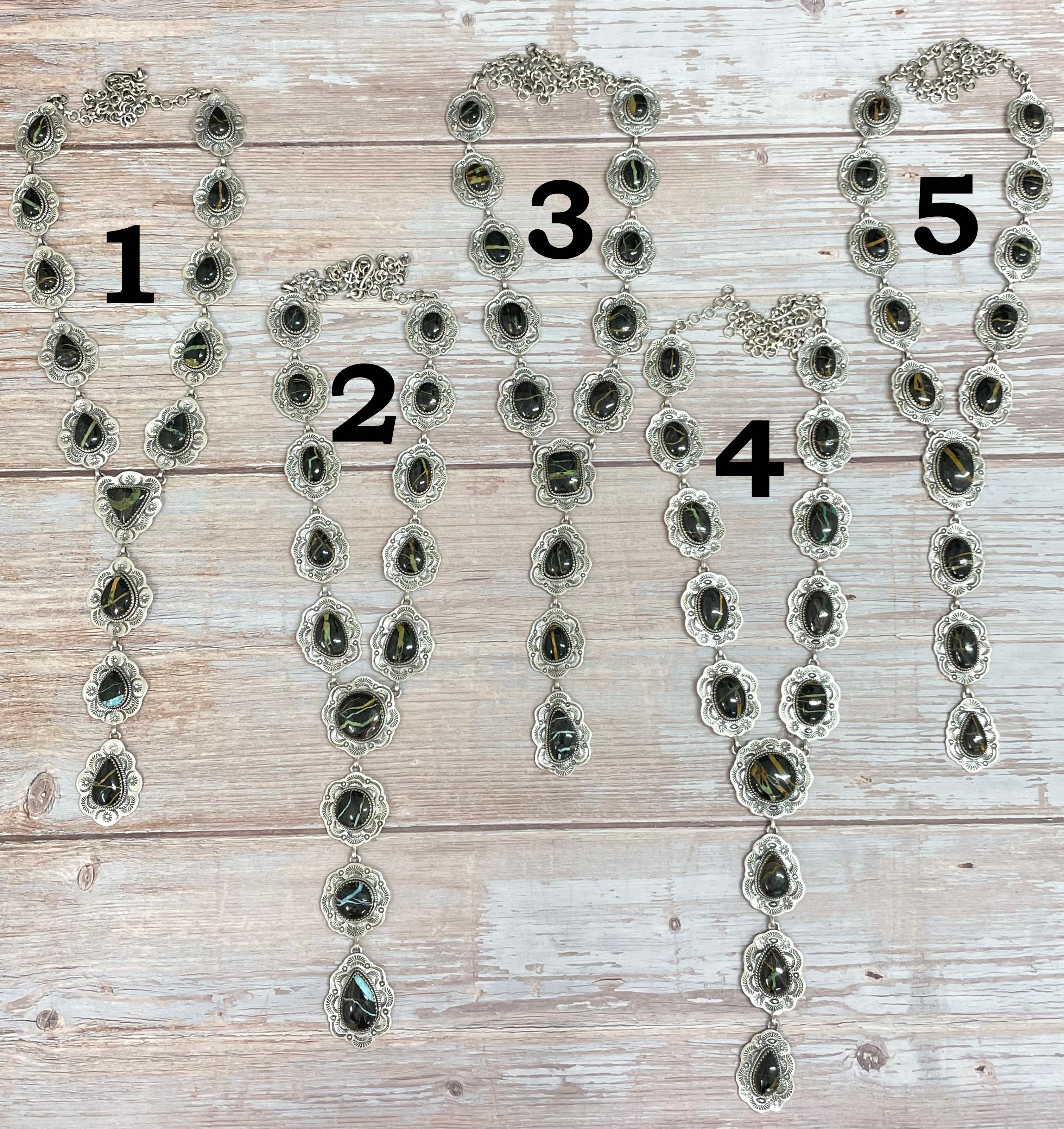 Handmade Sterling Silver Blackjack Turquoise Lariat Necklace with Signed Nizhoni