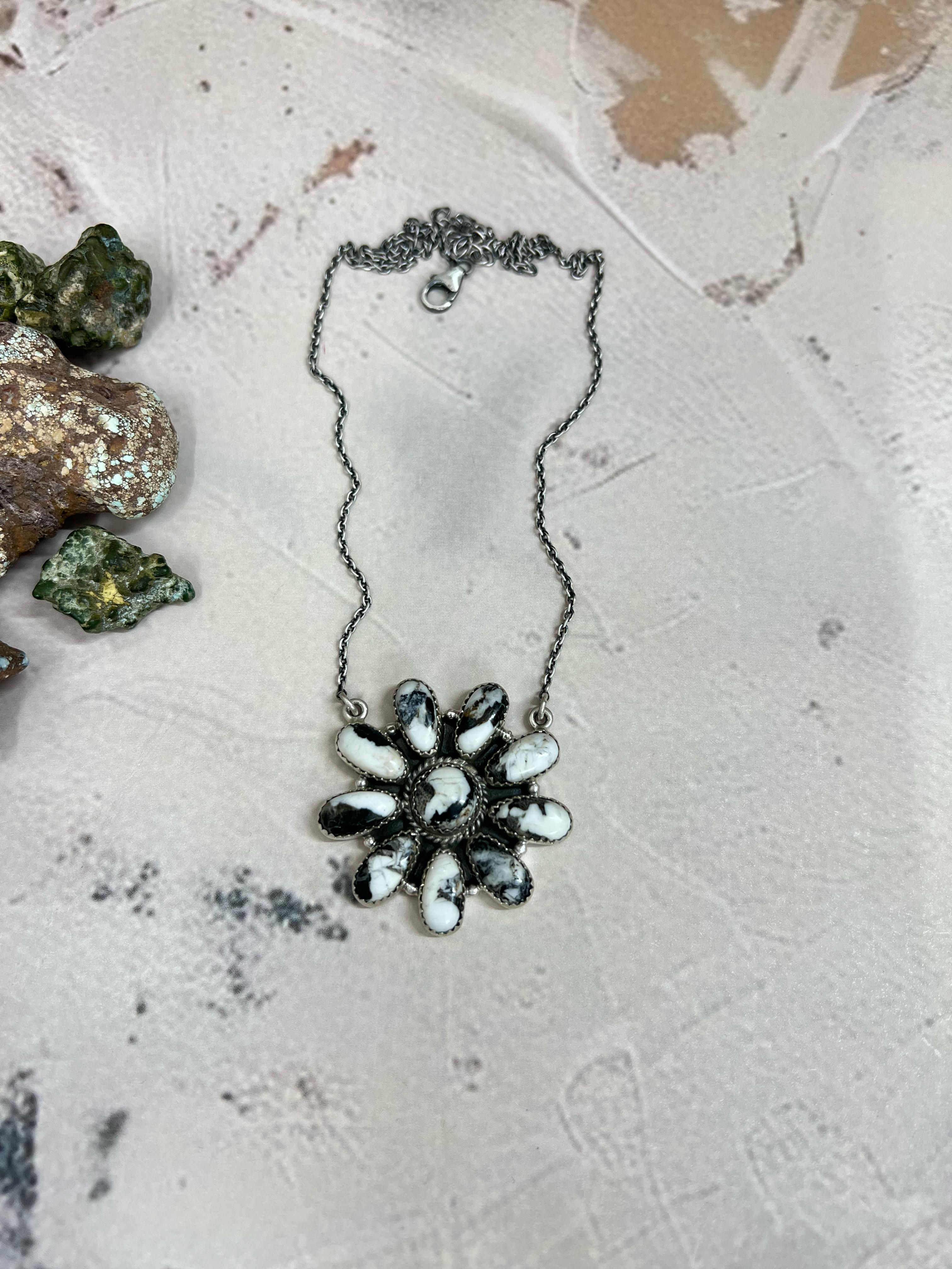 Handmade Sterling Silver White Buffalo Turquoise Flower Necklace with Signed Nizhoni