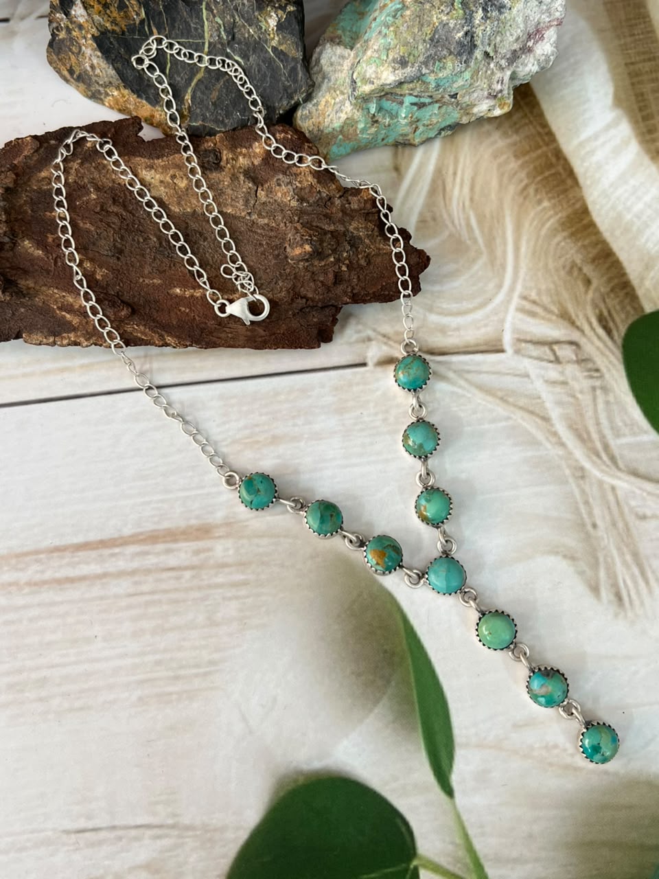 Handmade Sterling Silver Kingman Turquoise 'Y Shaped' Necklace Signed Nizhoni