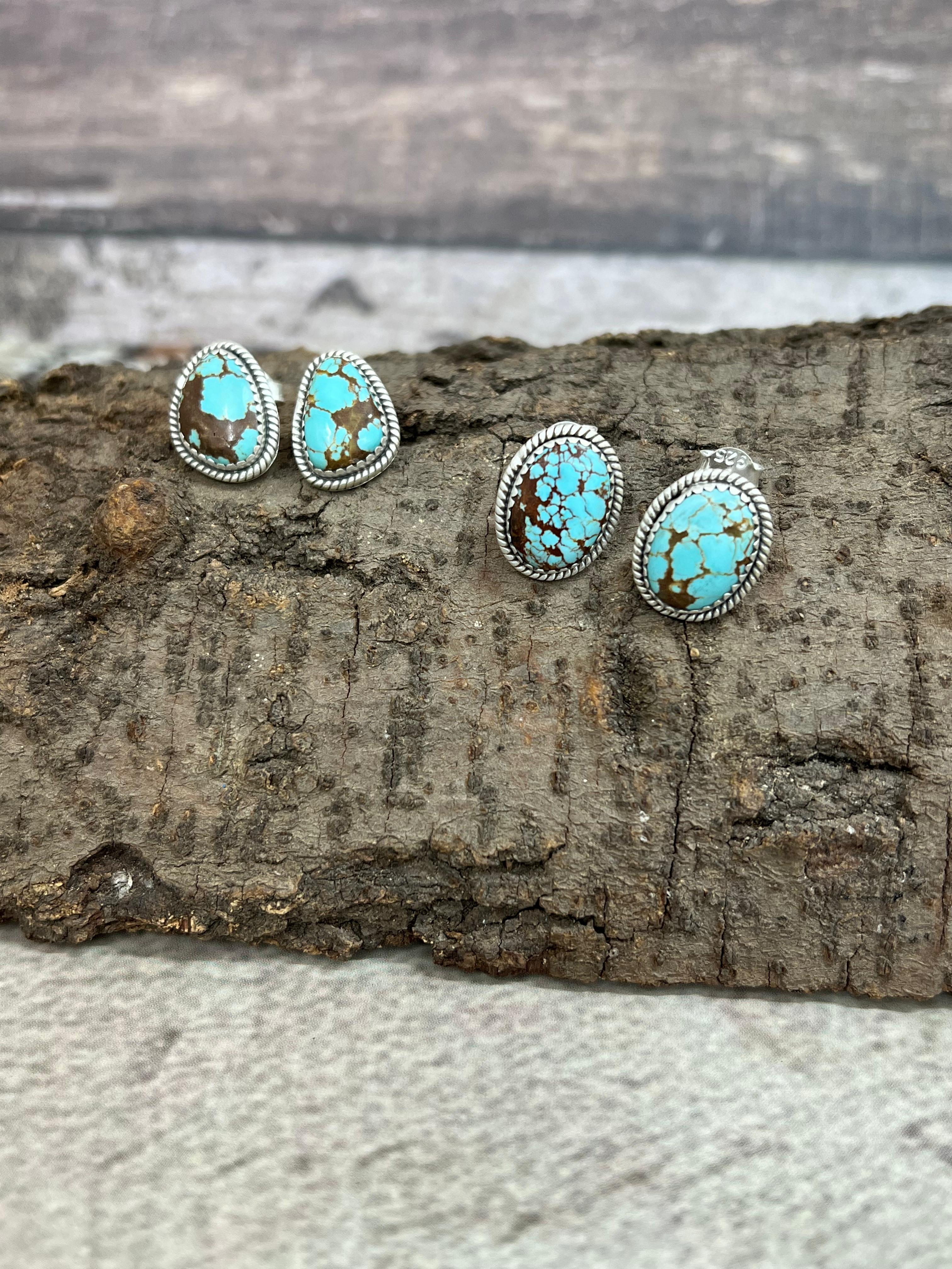 Handmade Sterling Silver Number 8 Turquoise Studs with Signed Nizhoni