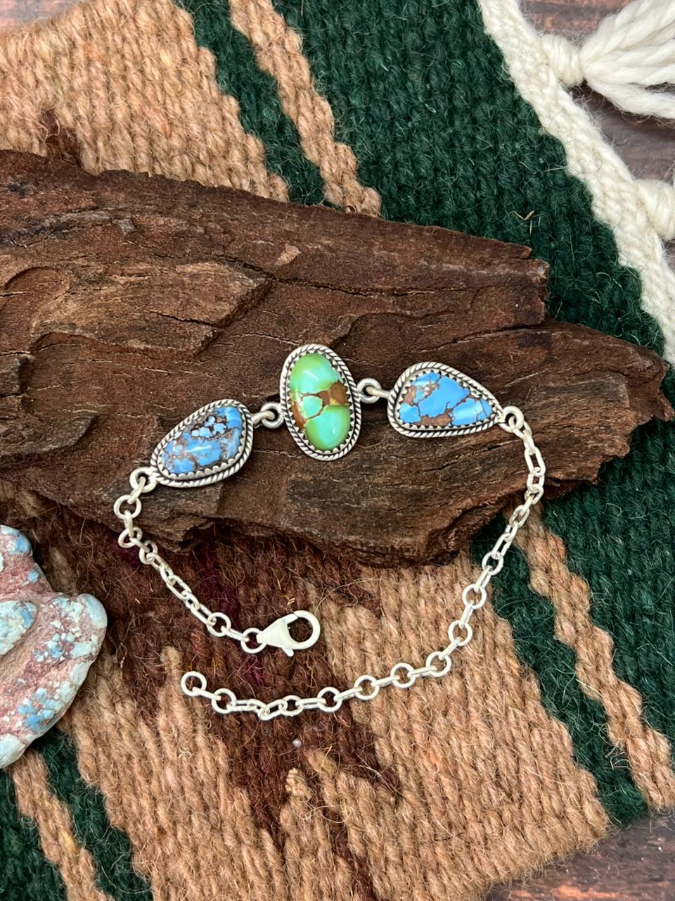 Handmade Sterling Silver Golden Hills with Sonoran Mountain Turquoise Chain Bracelet "Signed Nizhoni"