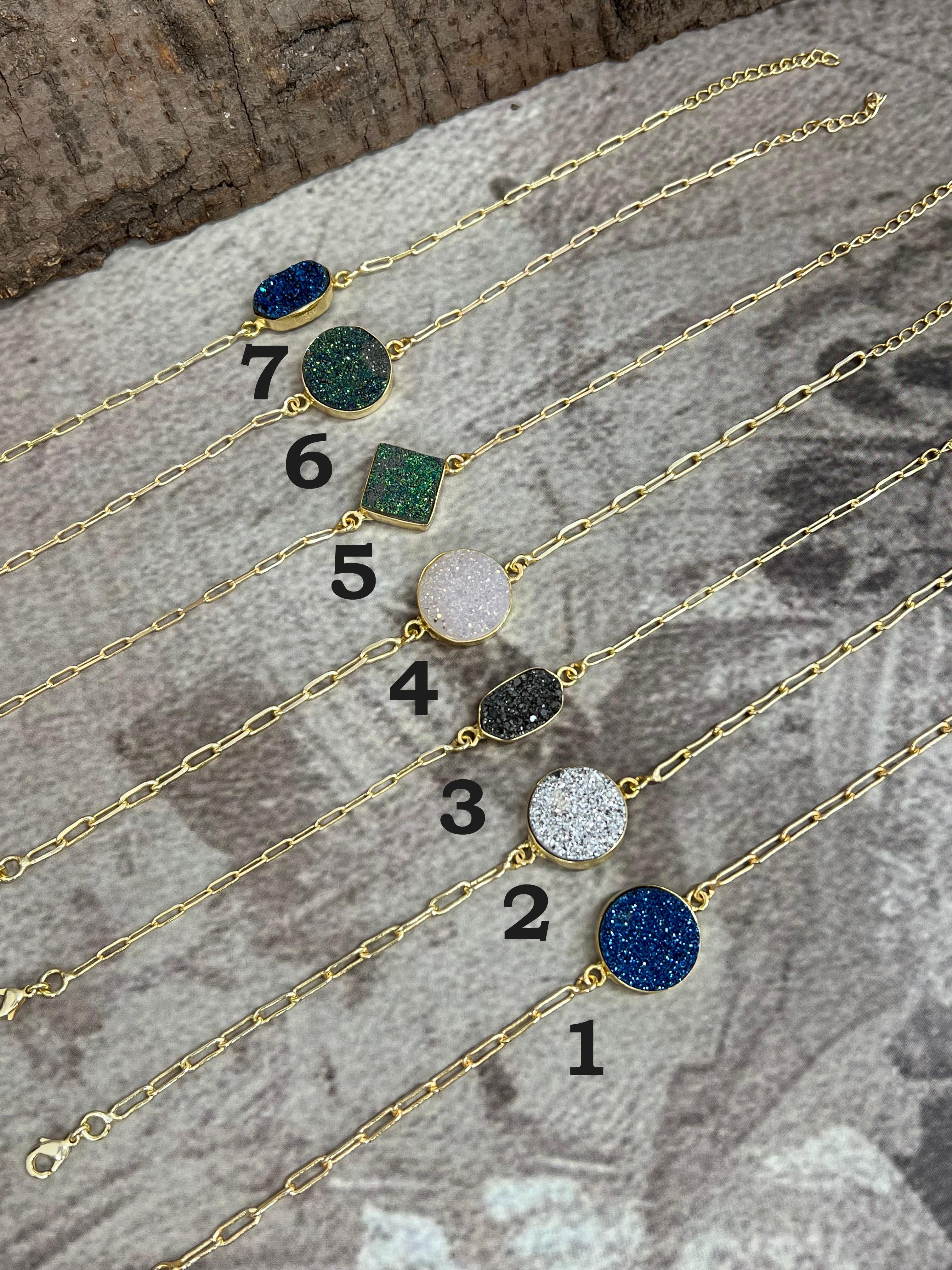 “The Boho Collection” Handmade Natural Gold Plated 1 Stone Druzy Chain Bracelet