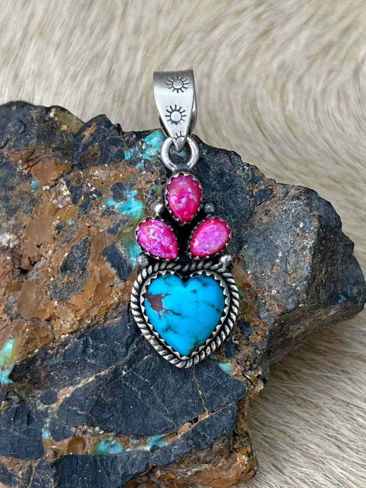 Handmade Sterling Silver Arizona Blue Turquoise with Hot Pink Pendant "Signed Nizhoni"