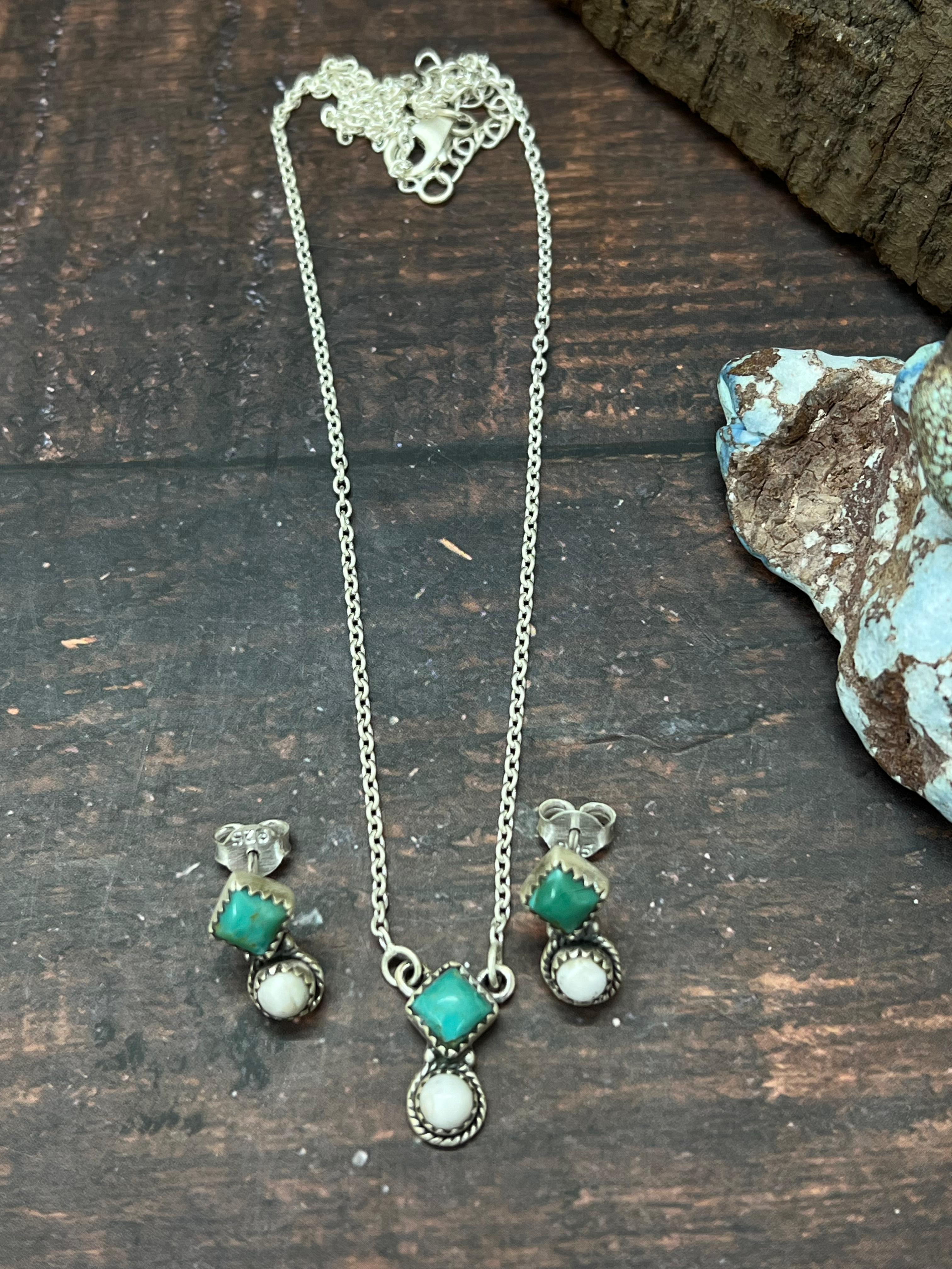 Handmade Sterling Silver Kingman with White Buffalo Necklace Earrings Set with Signed Nizhoni