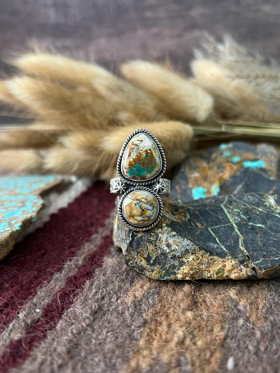 Handmade Sterling Silver Royston Ribbon Turquoise Adjusatble Ring "Signed Nizhoni"