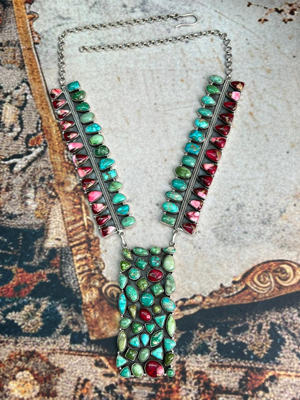 Handmade Sterling Silver Dahlia Rose with Emerald Valley Turquoise Necklace "Signed Nizhoni"