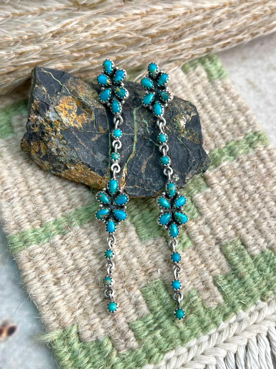 Handmade Sterling Silver Kingman Turquoise Post Dangle Earrings "Signed Nizhoni"