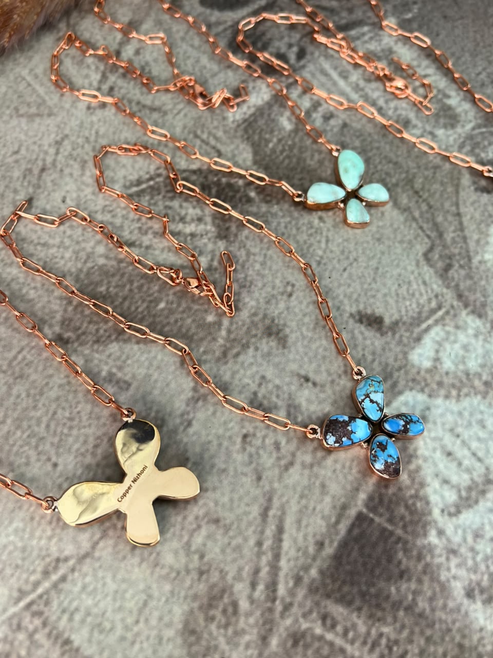Handmade Royston, Paloma, Sonoran Mountain and Golden Hills Turquoise Copper Collection: Butterfly Necklace Signed Nizhoni
