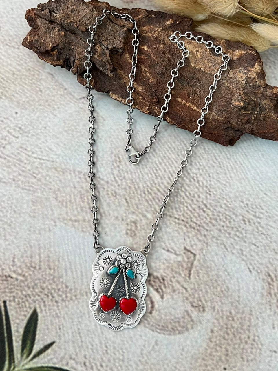 Handmade Sterling Silver Kingman Turquoise with Rosarita Cherry Necklace Signed Nizhoni