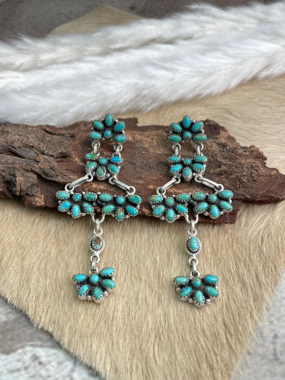Handmade Sterling Silver Kingman Turquoise Post Dangle Earrings "Signed Nizhoni"