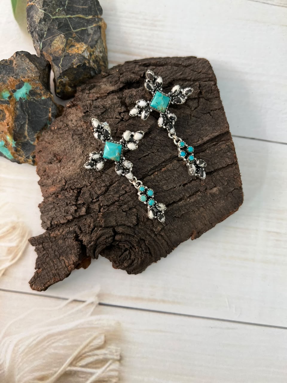 Handmade Sterling Silver Kingman Turquoise with White Buffalo Post Dangle Earrings Signed Nizhoni