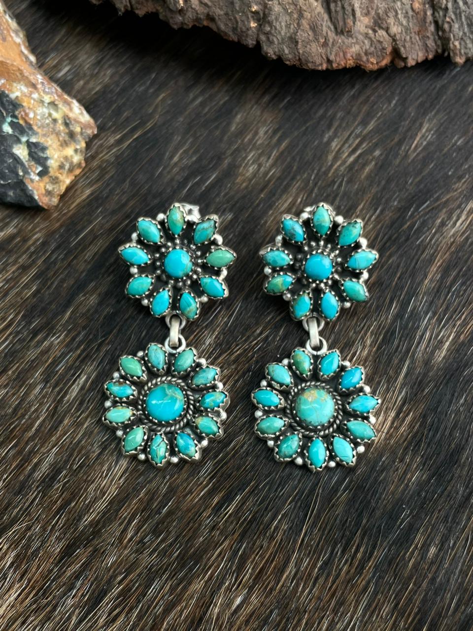 Handmade Sterling Silver Kingman Turquoise Post Dangle Earrings "Signed Nizhoni"