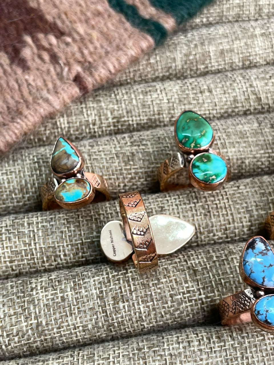 Handmade Royston, Paloma, Palomino, Sierra Bella, Sonoran Mountain and Golden Hills Turquoise Copper Collection: Adjustable Ring Signed Nizhoni