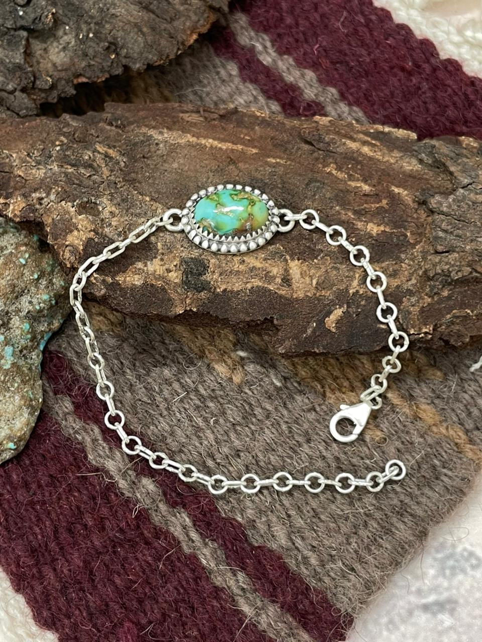 Handmade Sterling Silver Sonoran Mountain Turquoise Chain Bracelet "Signed Nizhoni"