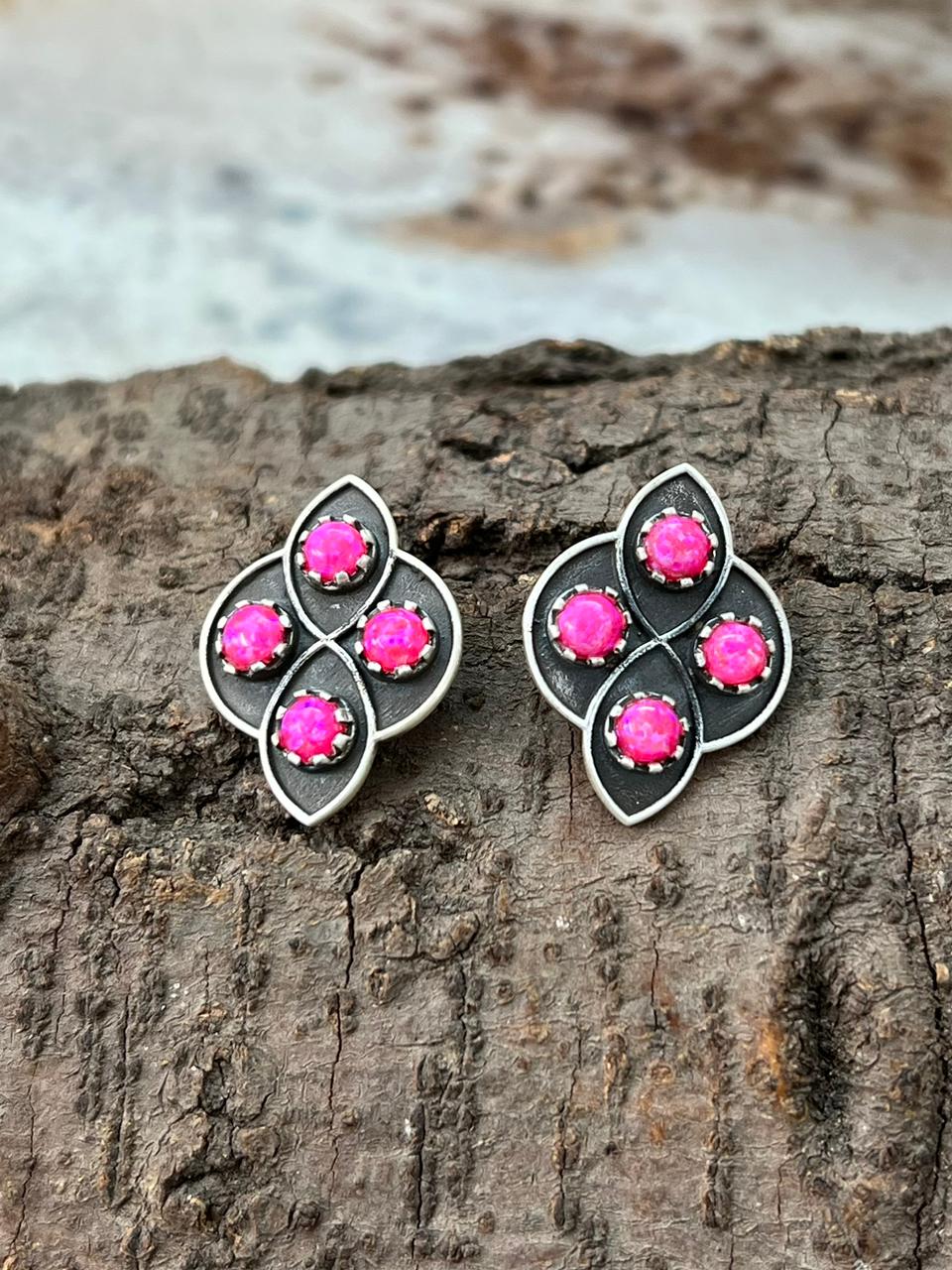 Handmade Sterling Silver Hot Pink Post Studs Earrings "Signed Nizhoni"