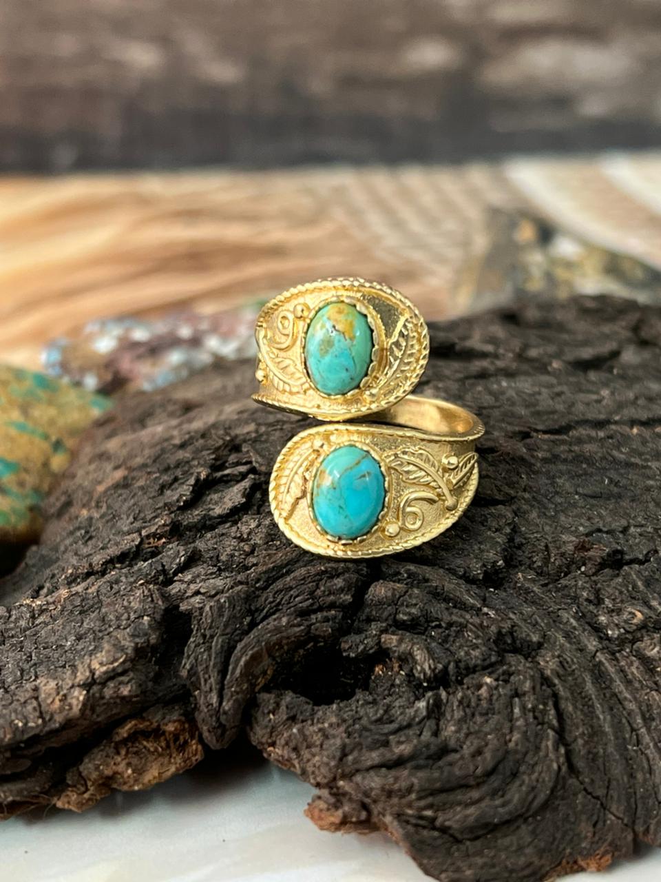 The Golden Collection: Handmade Kingman Turquoise Crossover Gold Adjustable Ring