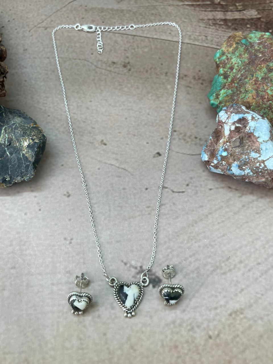 Handmade Sterling Silver White Buffalo Necklace Earrings Set "Signed Nizhoni"