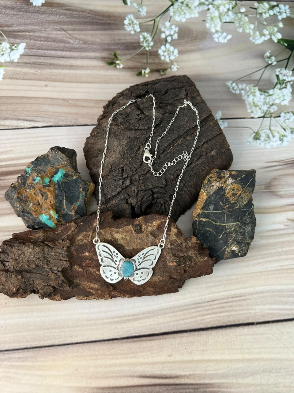 Handmade Sterling Silver Kingman Turquoise Butterfly Necklace Signed Nizhoni
