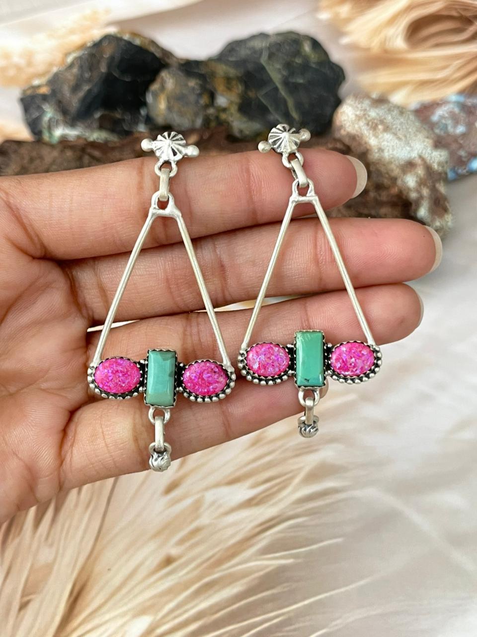 Handmade Sterling Silver Spring Collection: Hot Pink with Kingman Post Dangle Earrings "Signed Nizhoni"