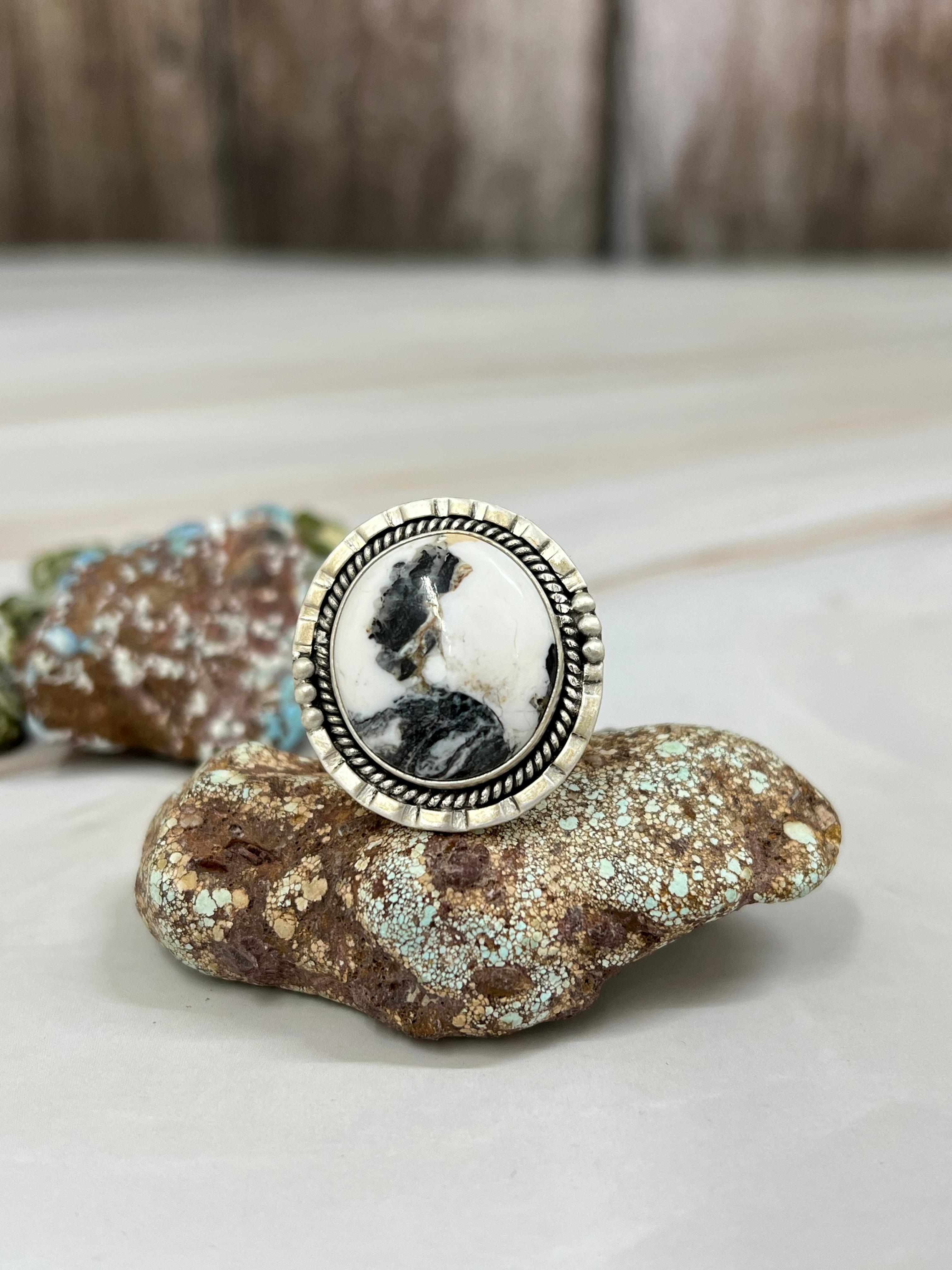 Handmade Sterling Silver White Buffalo Turquoise Adjustable Ring with Signed Nizhoni (8)