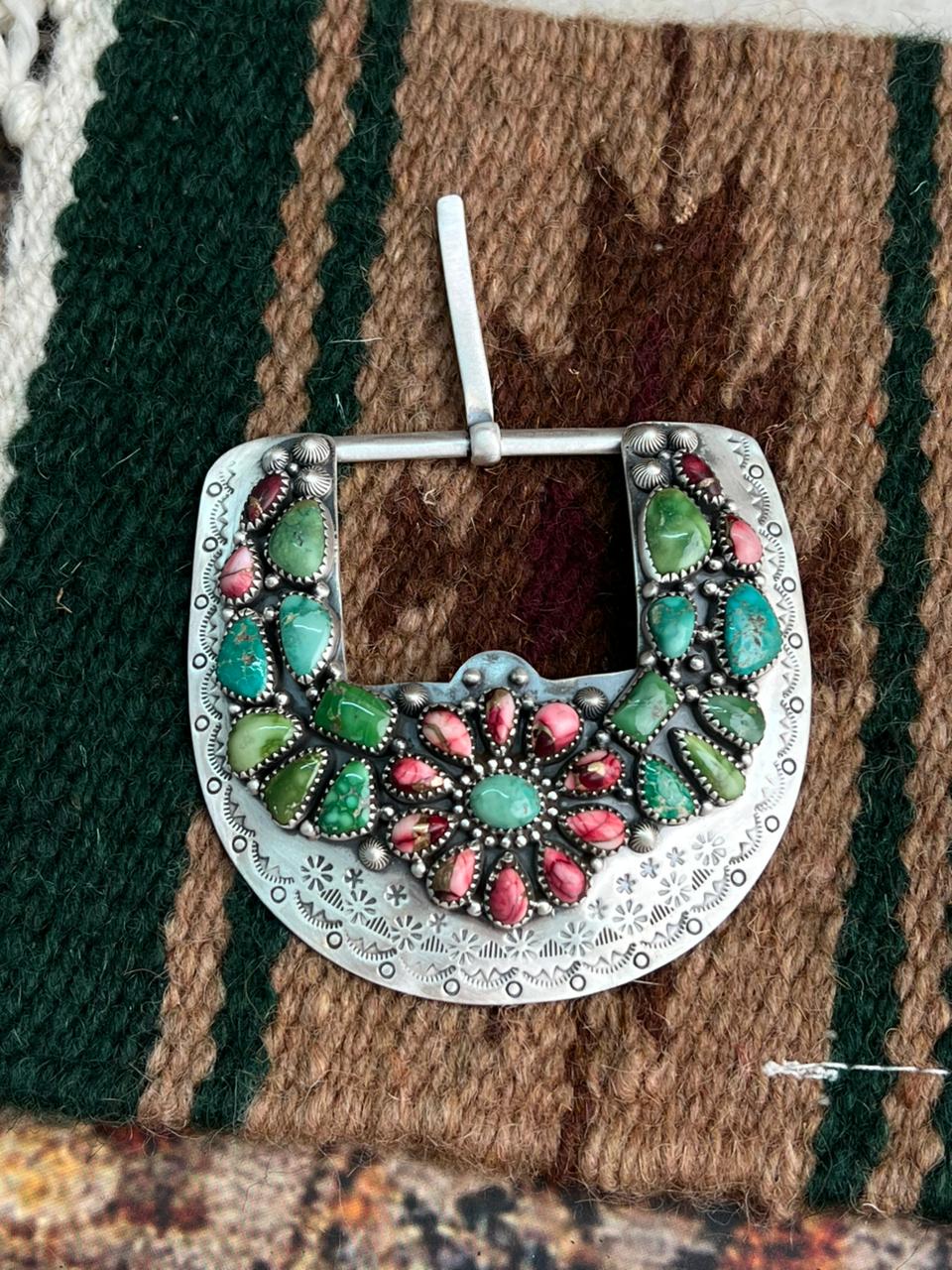 Handmade Sterling Silver Dahlia Rose with Emerald Valley Turquoise Buckle "Signed Nizhoni"
